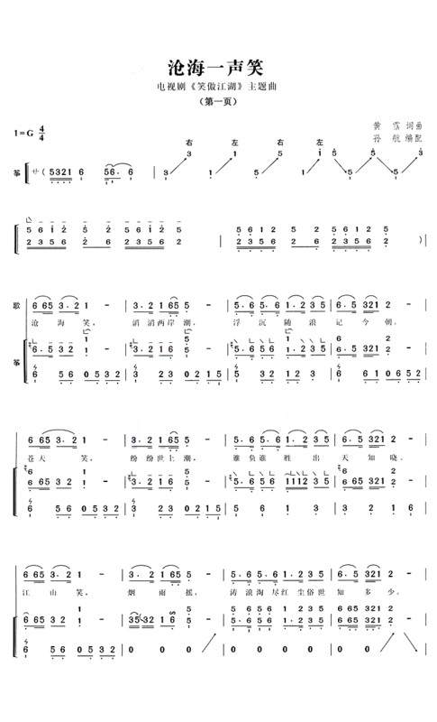 沧海一声笑古筝简谱